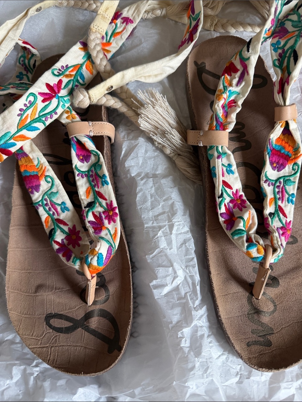 Sam Edelman Embroidered Cream Wrap Sandals with Multicolor Floral Detail
